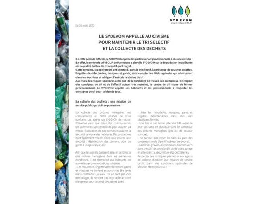 26 mars 2020 – Le SYDEVOM appel au civisme pour maintenir la collecte des déchets