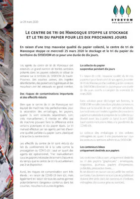 25 mars 2020 – Le centre de tri de Manosque stoppe le tri du papier pour les dix prochains jours