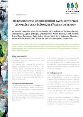 27 décembre 2019 – Tri des déchets : modification de la collecte pour les vallées de la Bléone, de l’Asse et du Verdon