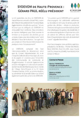 20 septembre 2020 – SYDEVOM de Haute-Provence : Gérard PAUL réélu président