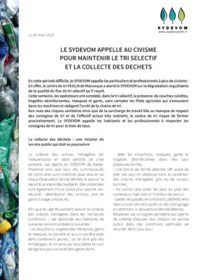 26 mars 2020 – Le SYDEVOM appel au civisme pour maintenir la collecte des déchets